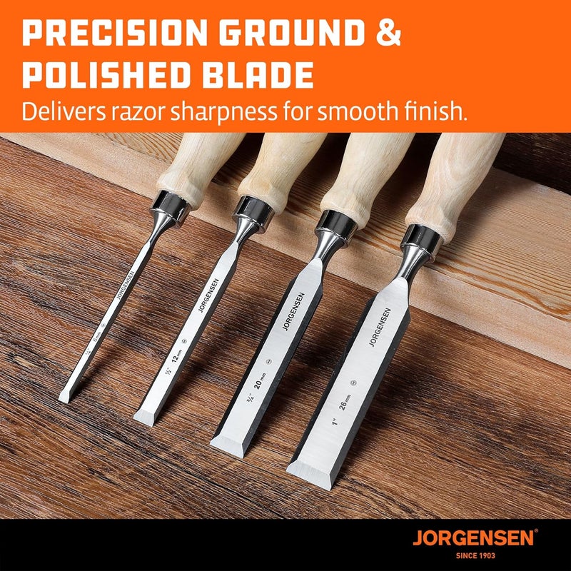 Jorgensen 4-Piece Wood Chisel Set, Chromium Alloy Steel Beveled Edge Wood Chisels, Wood Chisels for Woodworking, Ergonomic Hardwood Handle with Metal Ferrule, 1/4", 1/2", 3/4", 1" - Image 4